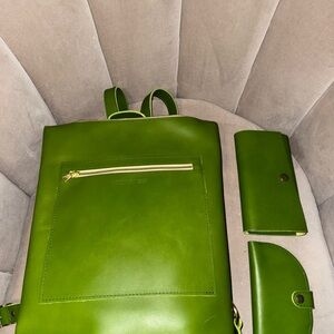 Elegant Green Leather Backpack and Wallet Set